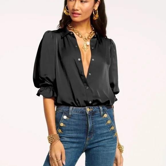 Ramy Brook Tops - Ramy Brook Bodysuit Womens Small Dina Satin Matte Black Button Down Puff Sleeve